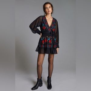Anthropologie Black Mini Dress with Red & Teal Floral Embroidery